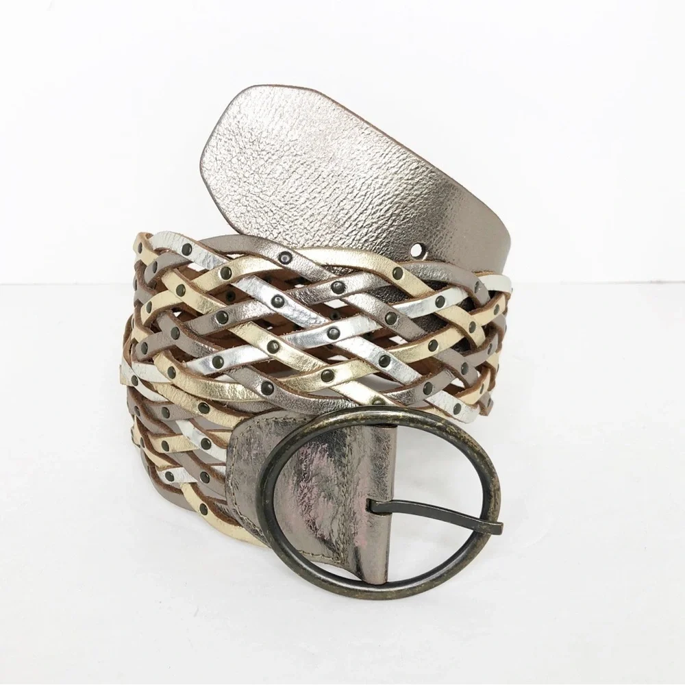 Fossil leather, metallic woven belt